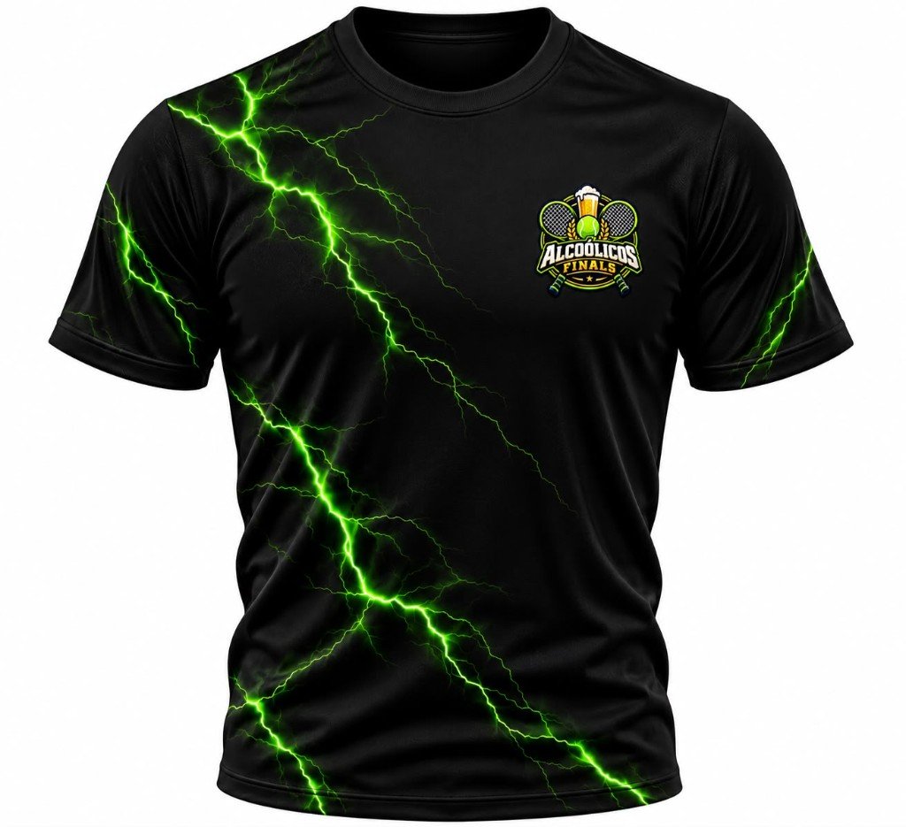 Camiseta preta do Alcoólicos Finals 4, com raios verdes e o logo no peito