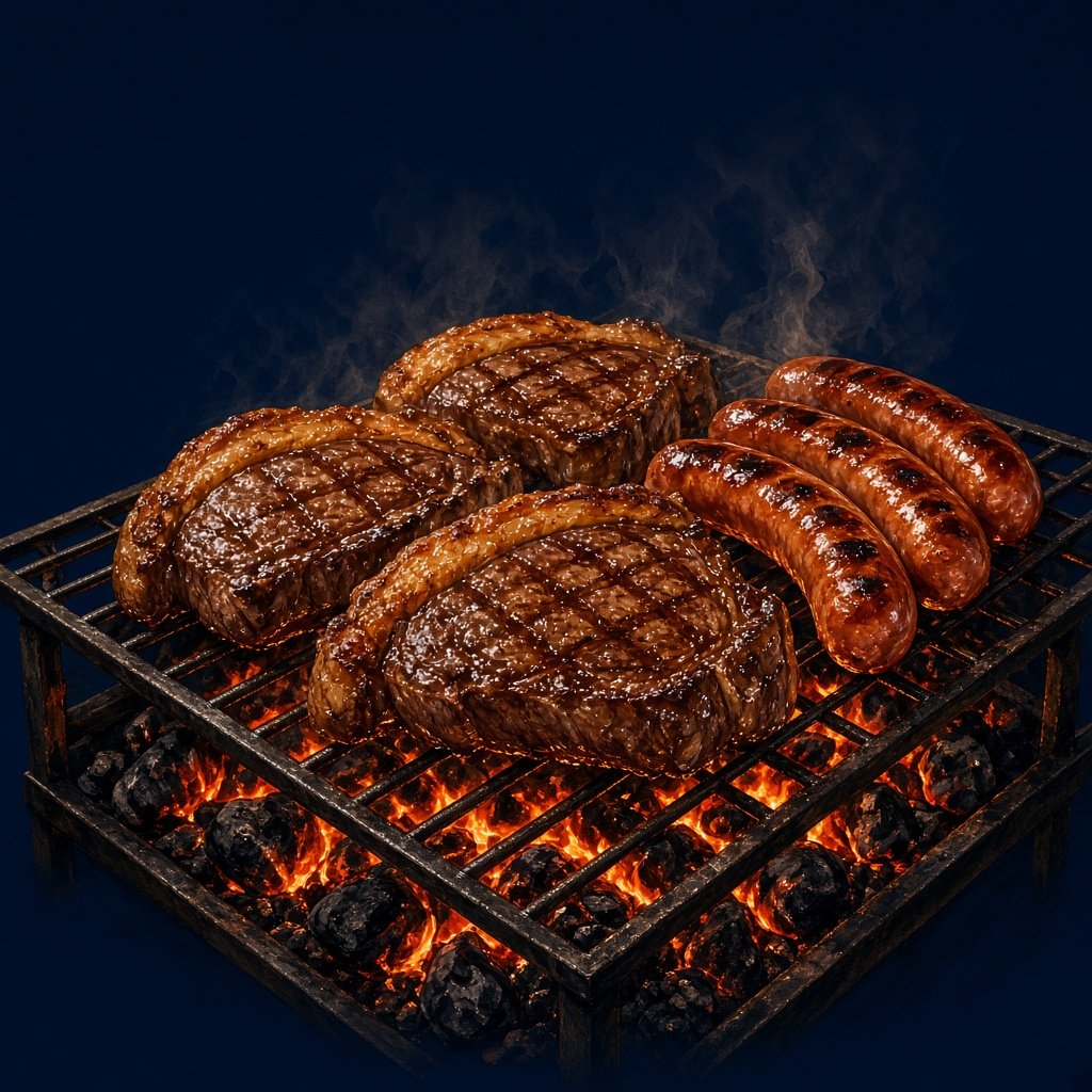 Picanha e linguiça na grelha, em cima da brasa